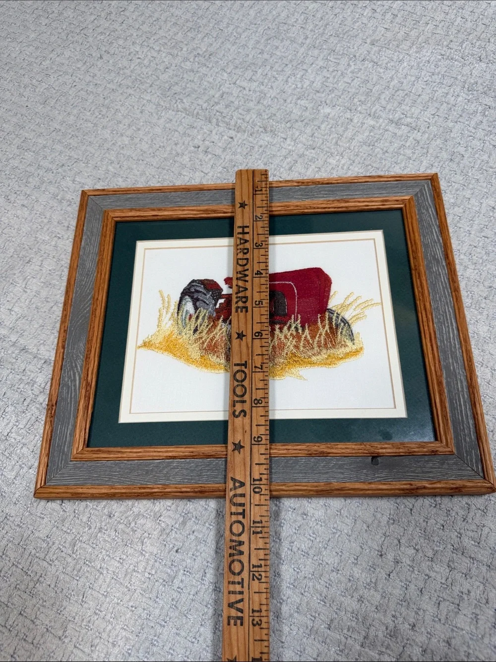 Vtg Needlepoint Embroidered Red Tractor Crewel Barn wood Frame Wall Hanging